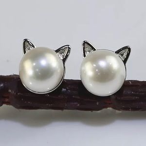 NEW 925 Sterling Silver 8 mm Natural Pearl Stud‎ Earrings Cat Shaped